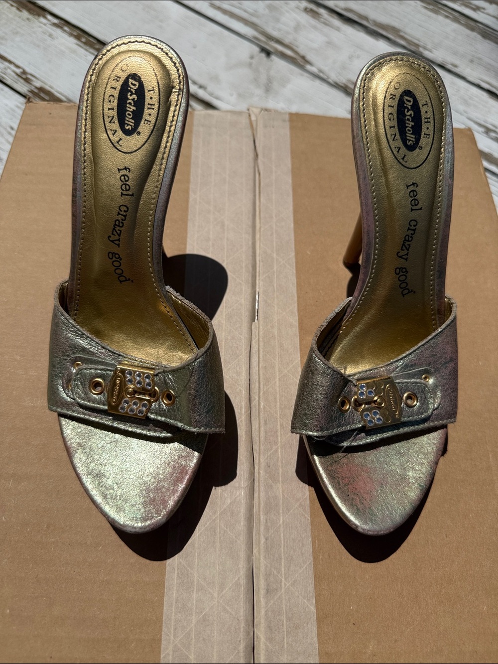 Dr. Scholl's Women's Metallic Open-Toe Slide Heels - iridescent/gold hardware